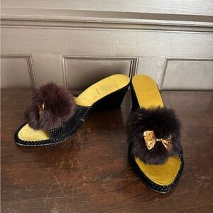 Vintage NEW real fur Pom Pom w/ gold bow slides slippers mules wedge shoes